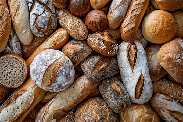 Top view of many different types of bread. KI generiert, generiert, AI generated