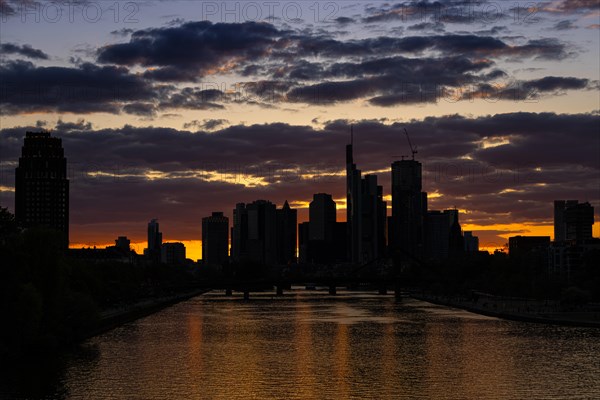 Clouds pass over the Frankfurt bank skyline in the evening after sunset, Frankfurt am Main, Hesse, Germany, Europe