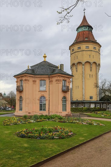 Historic water tower and Pagodenburg Castle, Murgpark, former residence of the Margraves of Baden-Baden, Rastatt, Baden-Wuerttemberg, Germany, Europe