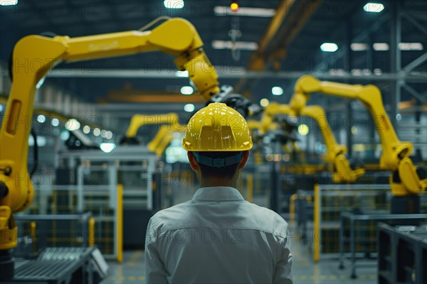 Back view of worker with safety helmet in factory. KI generiert, generiert, AI generated