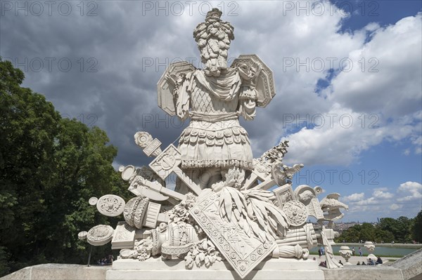 Ancient symbols such as armour, shields, field signs, in front of the staircase to the Gloriette, built in 1775, Schoenbrunn Palace Park, Schoenbrunn, Vienna, Austria, Europe