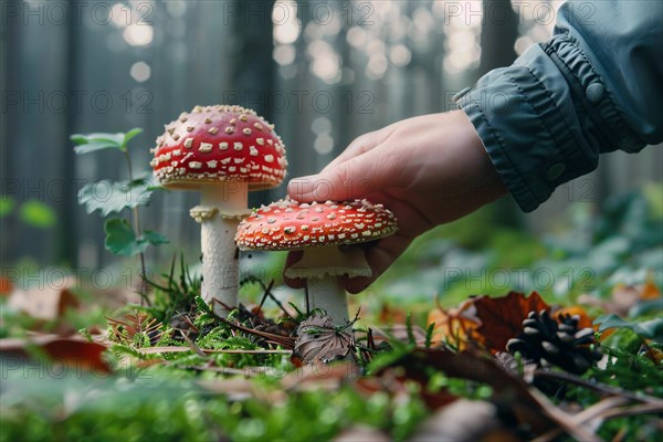 Person's hands picking up red toxic fly agaric Amanita Muscaria mushroom in forest. KI generiert, generiert, AI generated