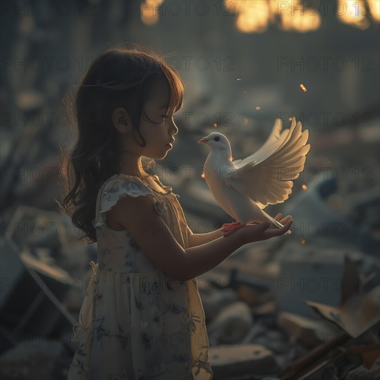 A girl stretches out her hands while a pigeon lands on them, surrounded by ruins, destroyed houses, war, dove of peace, AI generated