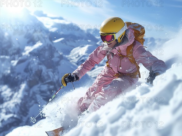 Skiers ski on a lonely piste in deep snow in the mountains, AI generated