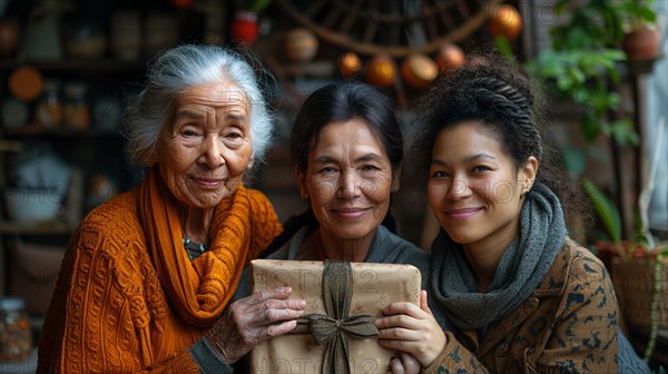 A multiethnic family smiling and holding a wrapped gift, surrounded by warm autumn colors, AI generated