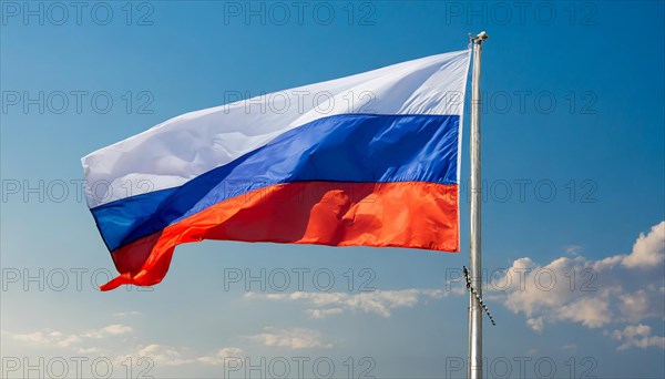 The flag of Russia flutters in the wind, isolated against a blue sky