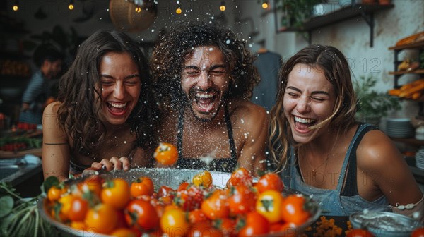 Friends are laughing and tossing tomatoes in the air, enjoying a fun cooking session together, AI generated