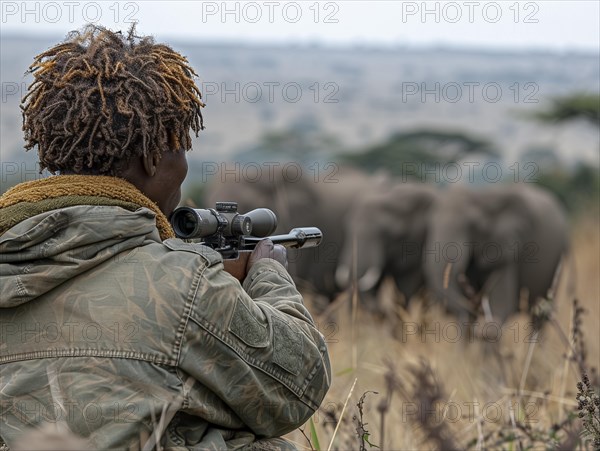 Elephant hunting in Africa, AI generated