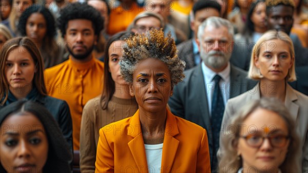 African american adult Woman in orange blazer stands out in a crowd with various expressions of anticipation, human resources concept, AI generated