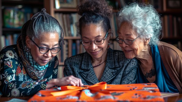 Three elderly women bonding over a gift, exhibiting warmth and affection in a cozy library setting, AI generated