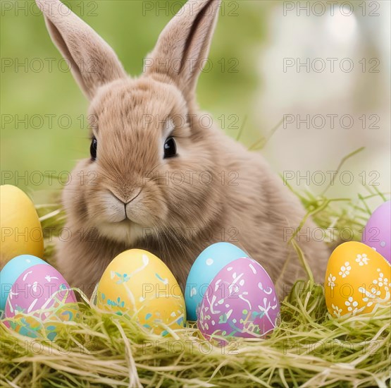 Easter bunny with decorated eggs. Generative AI image, AI generated