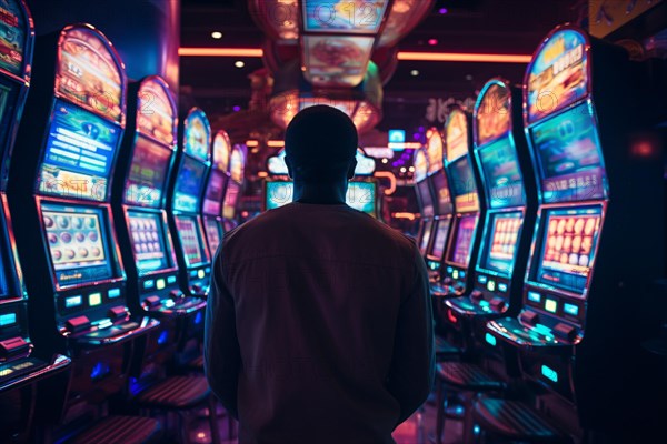 Man in casino with colorful slot machines. KI generiert, generiert, AI generated