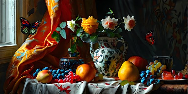 AI generated classic still life composition featuring timeless art elements