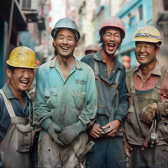 A group of workers laughs exuberantly, dirty from work, group picture with international employees and colleagues, AI generated