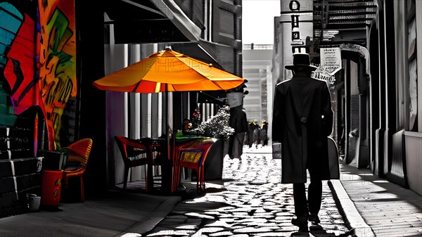 AI generated bustling street scene monochromatic snapshot with colorful digital elements