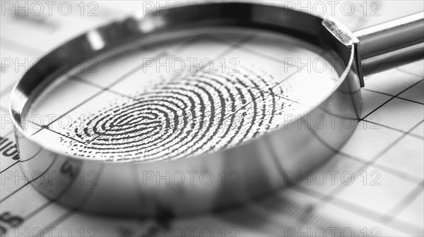 Magnifying glass resting on a fingerprint on paper. generative AI, AI generated