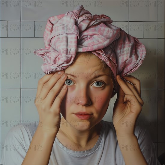 A woman with a pink headscarf and white T-shirt looks surprised and holds her hands to her cheeks, washing her hair, generating AI, AI generated
