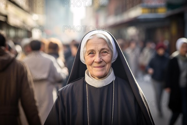 Elderly nun with gray hair walking through street full of people. KI generiert, generiert, AI generated