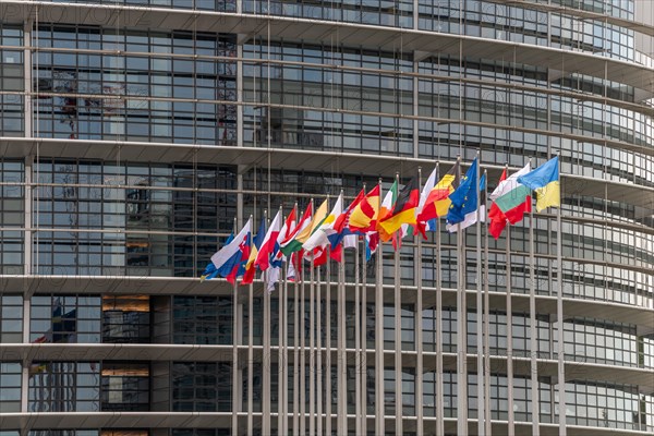 Flags of the European countries in front of the European Parliament in Strasbourg. Bas rhin, Alsace, Grand Est, France, Europe