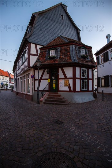 View of an old town, half-timbered houses and streets in a town. Seligenstadt am Main, Hesse Germany