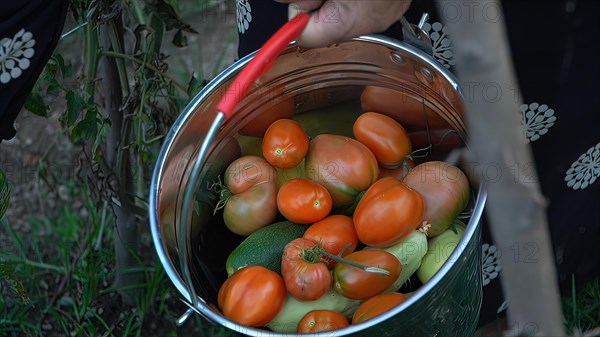 Tomatoes and zucchini in a bucket. Selective focus