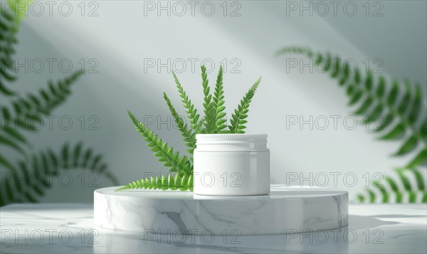 Aloe vera gel product promotion featuring a blank jar mockup showcased on a marble produce podium AI generated