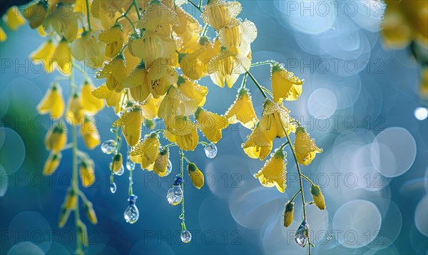 Close-up of dew-covered laburnum flowers in the early morning AI generated