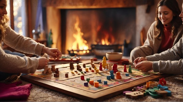 Group of people engrossed in playing a strategic board game by a cozy fireplace, AI Generated, AI generated