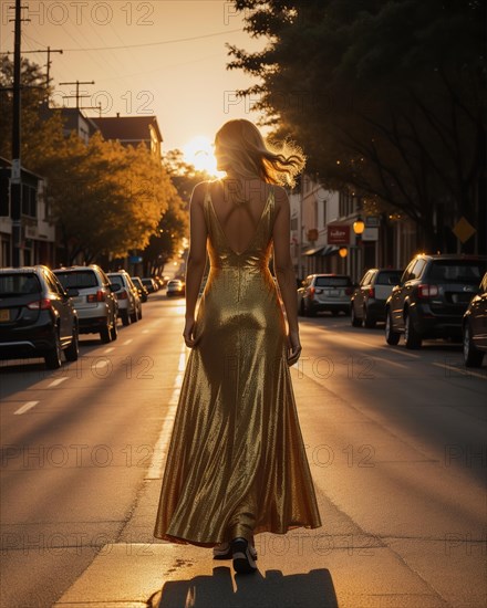 Beautiful young woman in a long yellow dress walking on the street at sunset. ai generative, AI generated