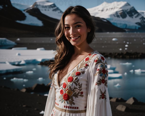 Portrait of a young woman smiling at camera in front of icebergs. ai generative, AI generated