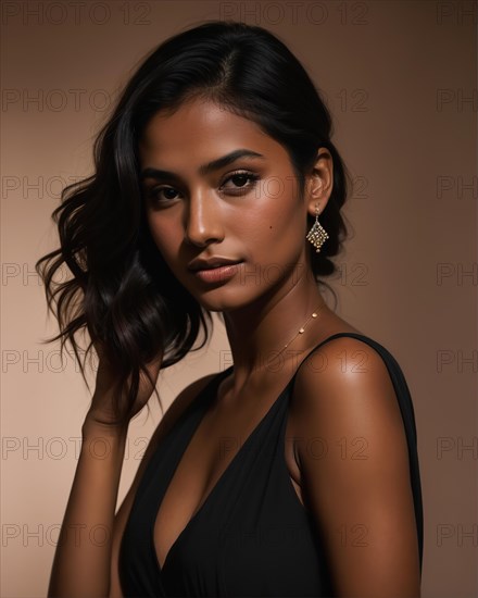 Beautiful petite Filipino woman in a black strapless dress. ai generative, AI generated