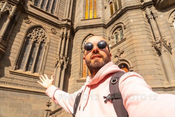 Selfie of a tourist visiting the Church of San Juan Bautista, Arucas Cathedral, Gran Canaria, Spain, Europe