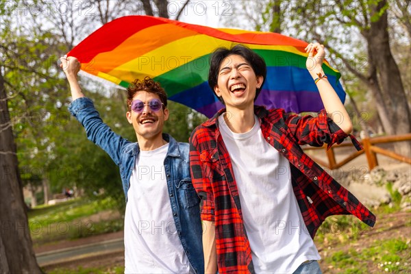 Portrait of happy multi-ethnic gay people waving lgbt rainbow flag in a park