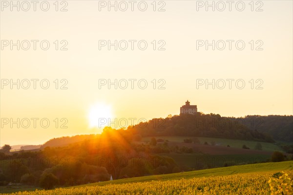 Landscape at sunrise. Beautiful morning landscape with fresh yellow rape fields in spring. Small castle in the yellow fields on a hill. Historic Ronneburg Castle in the middle of nature, Ronneburg, Hesse, Germany, Europe