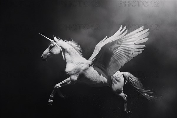 Beautiful Pegasus with unicorn horn on black background. KI generiert, generiert, AI generated