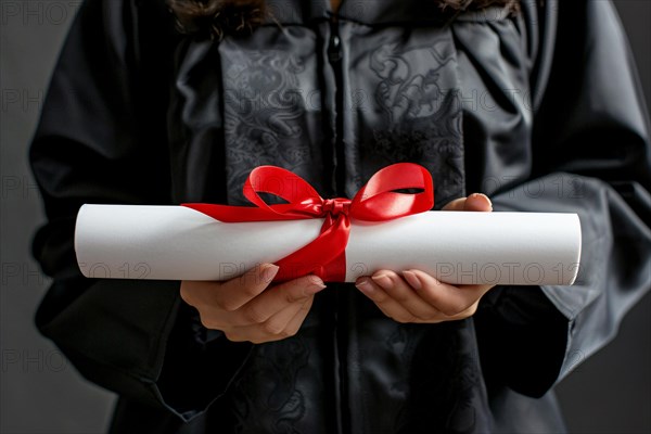 Degree paper certificate roll with red ribbon held by young woman in graduation robe. KI generiert, generiert, AI generated