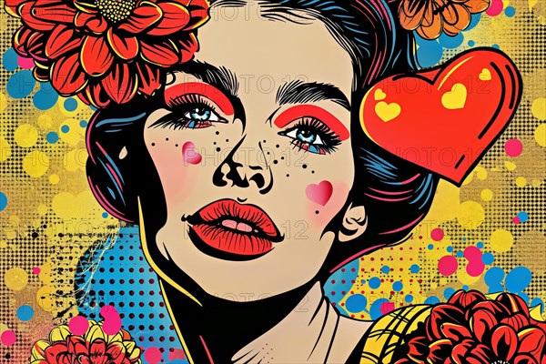 Woman in love in pop art style with colourful flowers and hearts on a yellow dot pattern background, AI generated, AI generated