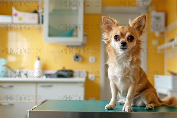 Chihuahua dog at vet. Sitting on examination table at veterinary practice clinic. KI generiert, generiert, AI generated