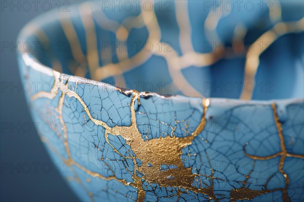 Japanese Kintsugi bowl with ceramic repair technique that uses lacquer mixed with powdered gold. KI generiert, generiert, AI generated