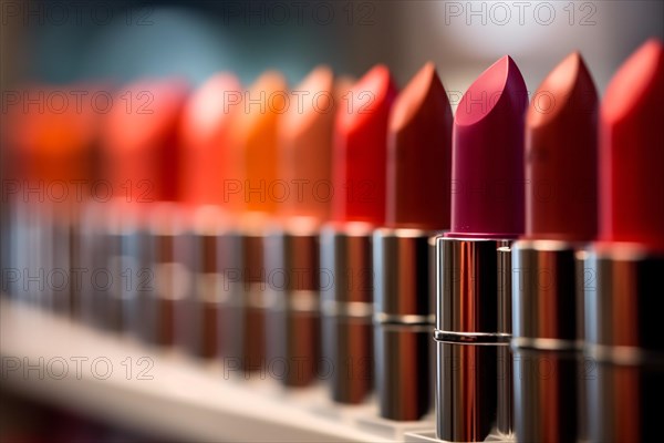 Differents hades of lipstics in cosmetic store. KI generiert, generiert, AI generated