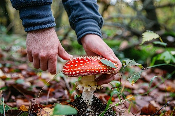 Person's hands picking up red toxic fly agaric Amanita Muscaria mushroom in forest. KI generiert, generiert, AI generated