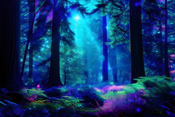 AI generated ethereal mystical forest scene with digital glow effects