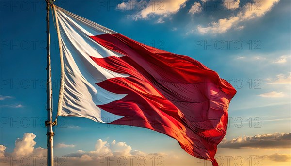 The flag of Bahrain flutters in the wind, isolated against a blue sky