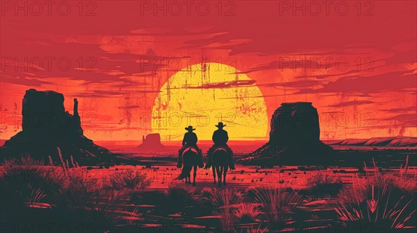 Silhouetted cowboys on horses in a desert at sunset with warm red sky and mesas, ai generated, AI generated