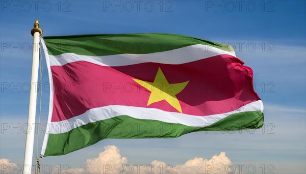 The flag of Suriname, fluttering in the wind, isolated, against the blue sky
