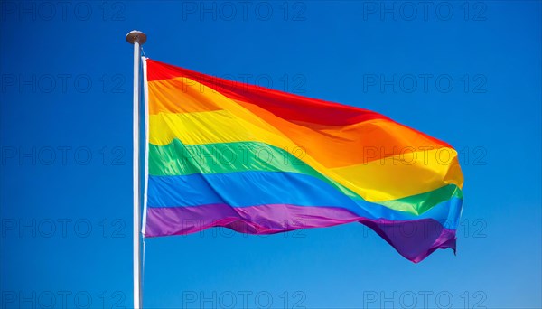 The rainbow flag flutters in the wind, isolated, against the blue sky. In many cultures around the world, such a flag expresses the mood for peace, new beginnings and change. It is also a symbol of tolerance and acceptance of the diversity of lifestyles, of hope and longing