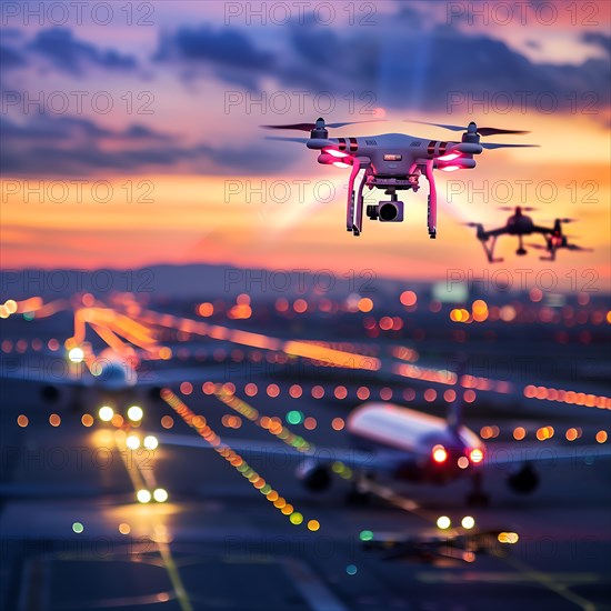 Drone in flight in front of a landing aircraft and an illuminated runway at night, drone, attack, AI generated