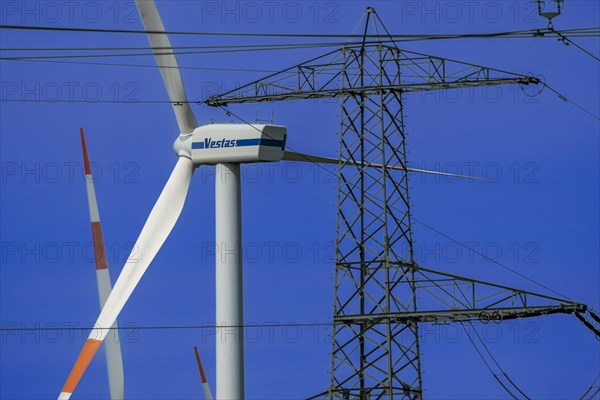 Power pylon with high-voltage lines and Vestas wind turbines at the Avacon substation in Helmstedt, Helmstedt, Lower Saxony, Germany, Europe