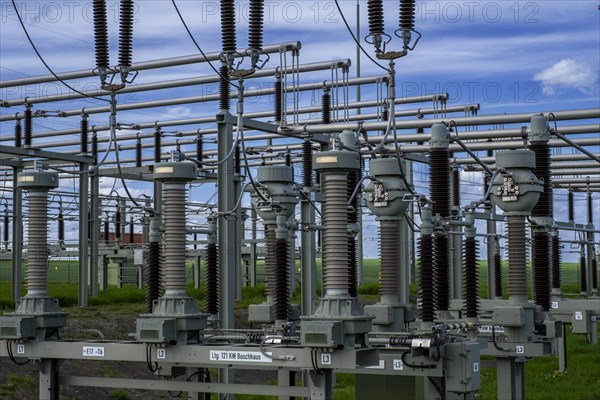 Insulators at the Avacon substation in Helmstedt, Helmstedt, Lower Saxony, Germany, Europe