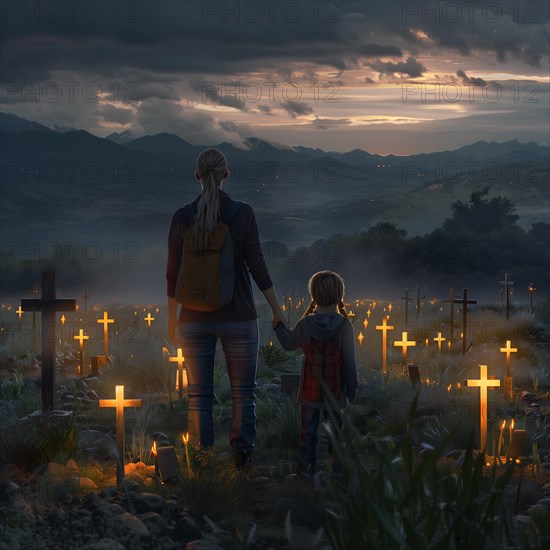 An adult figure and a child walking hand in hand in a cemetery at sunset, war, war graves, military cemetery, AI generated